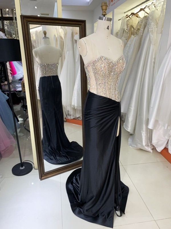 Black Satin Mermaid Dresses Nude Tassel Beaded Shoulder Chain Hand Pleated Corset Bodice Natural Waistline for Parties-Wholesale