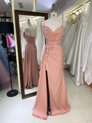 2025 New Elegant V-Neck Satin Evening Dress with Leaf Motif Rhinestones Daring High Slit - Crystal Embellished Party Dress