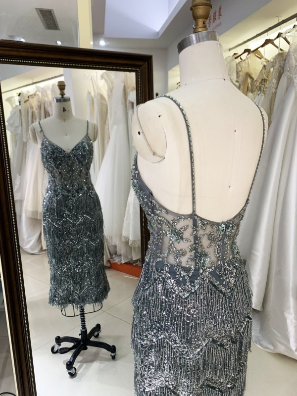 Elegant Ladies Evening Prom Dress 2026 Wholesale V-Neck Midi Length Tassel Sequins Beading Embroidery Natural for Parties