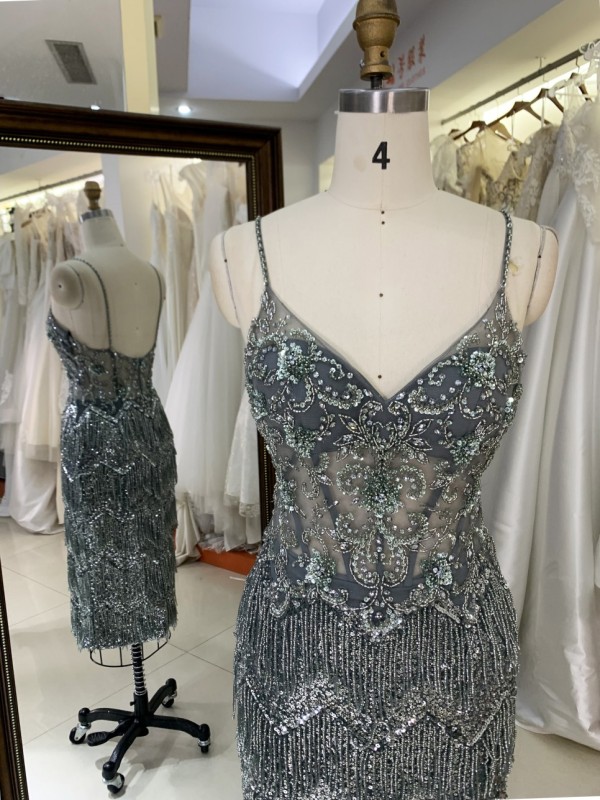 Elegant Ladies Evening Prom Dress 2026 Wholesale V-Neck Midi Length Tassel Sequins Beading Embroidery Natural for Parties