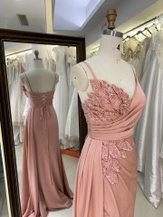 2025 New Elegant V-Neck Satin Evening Dress with Leaf Motif Rhinestones Daring High Slit - Crystal Embellished Party Dress