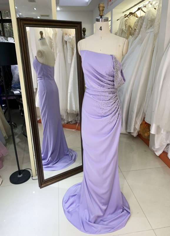 Off the Shoulder Stone Evening Dress Charming Asymmetrical Beading Stretch Satin Prom Dress Evening Dresses Women