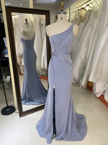 2026 Hot Designs Elegant Long Evening Dress Blue Sparkle One-Shoulder Evening Long Dress