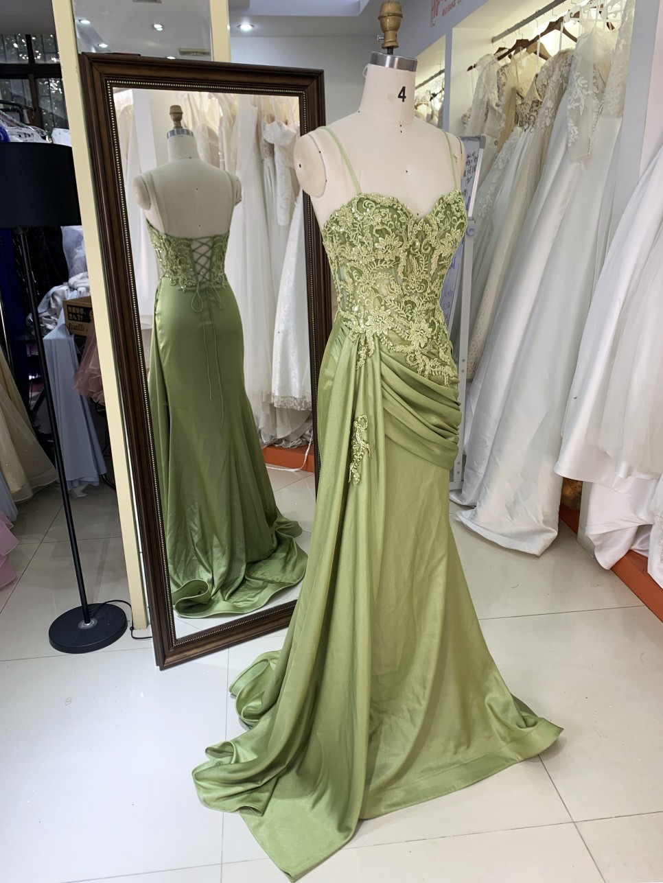 Wholesale Green Embroidery Corset Hand Pleated Lace up Back Long Gown Prom Evening Dress 2026