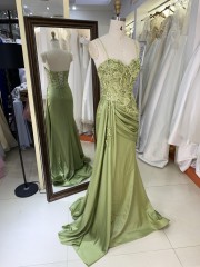 Wholesale Green Embroidery Corset Hand Pleated Lace up Back Long Gown Prom Evening Dress 2026