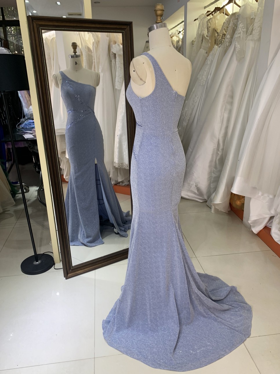 2026 Hot Designs Elegant Long Evening Dress Blue Sparkle One-Shoulder Evening Long Dress