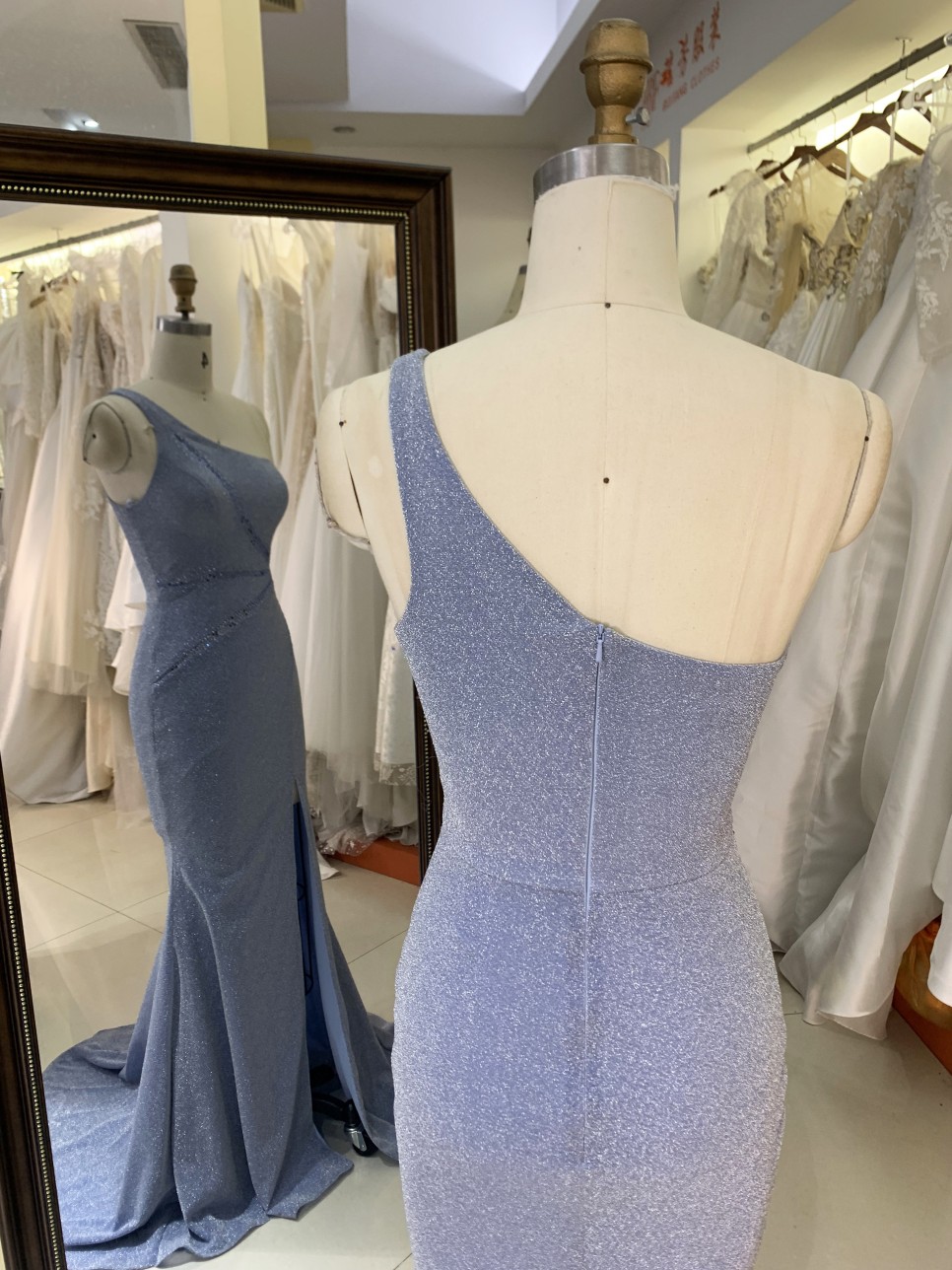 2026 Hot Designs Elegant Long Evening Dress Blue Sparkle One-Shoulder Evening Long Dress