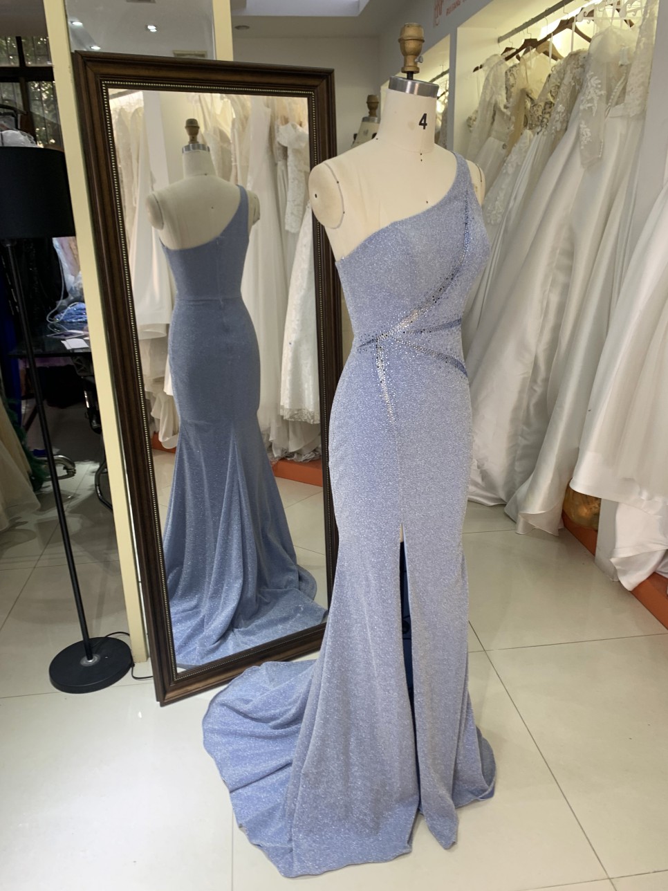 2026 Hot Designs Elegant Long Evening Dress Blue Sparkle One-Shoulder Evening Long Dress