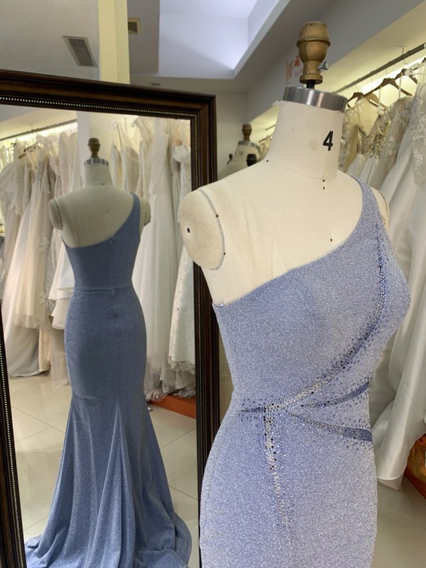 2026 Hot Designs Elegant Long Evening Dress Blue Sparkle One-Shoulder Evening Long Dress