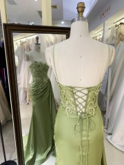 Wholesale Green Embroidery Corset Hand Pleated Lace up Back Long Gown Prom Evening Dress 2026