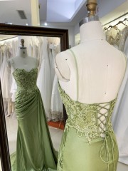 Wholesale Green Embroidery Corset Hand Pleated Lace up Back Long Gown Prom Evening Dress 2026