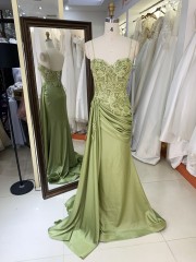 Wholesale Green Embroidery Corset Hand Pleated Lace up Back Long Gown Prom Evening Dress 2026