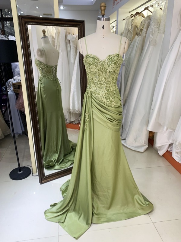 Wholesale Green Embroidery Corset Hand Pleated Lace up Back Long Gown Prom Evening Dress 2026