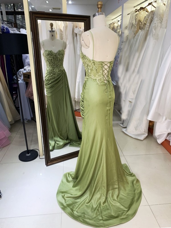 Wholesale Green Embroidery Corset Hand Pleated Lace up Back Long Gown Prom Evening Dress 2026