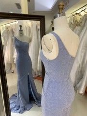 2026 Hot Designs Elegant Long Evening Dress Blue Sparkle One-Shoulder Evening Long Dress