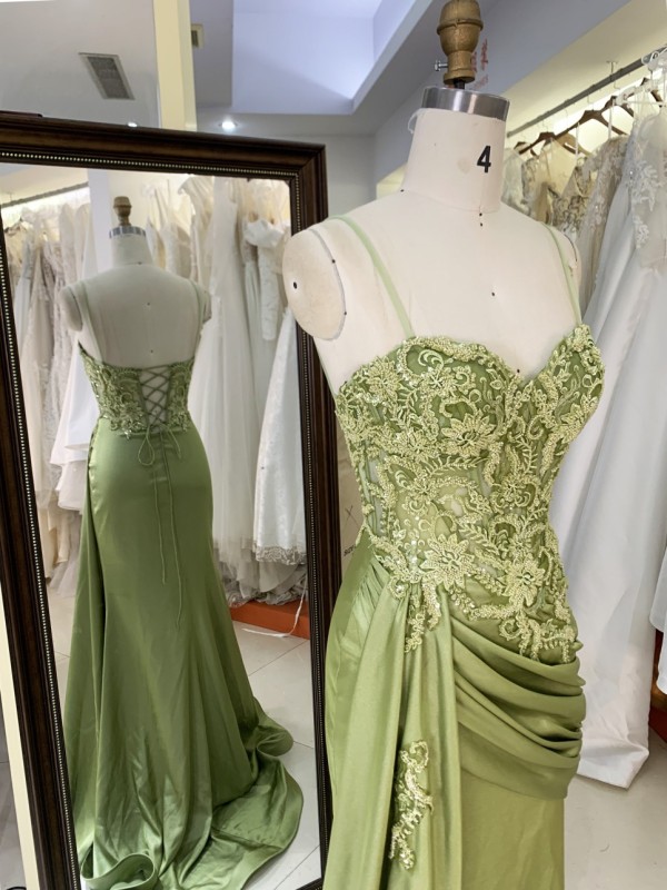 Wholesale Green Embroidery Corset Hand Pleated Lace up Back Long Gown Prom Evening Dress 2026