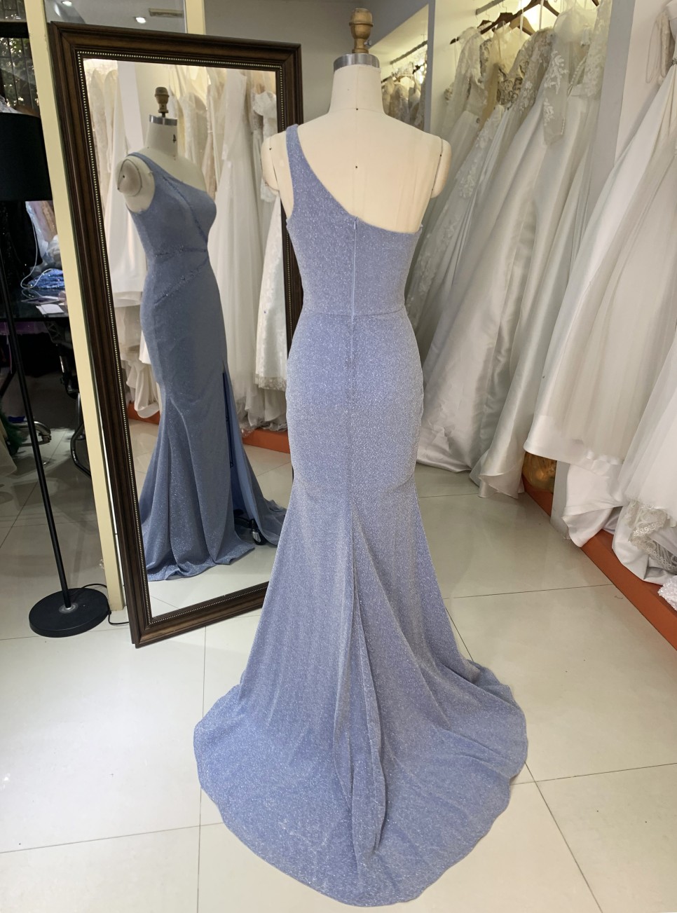 2026 Hot Designs Elegant Long Evening Dress Blue Sparkle One-Shoulder Evening Long Dress