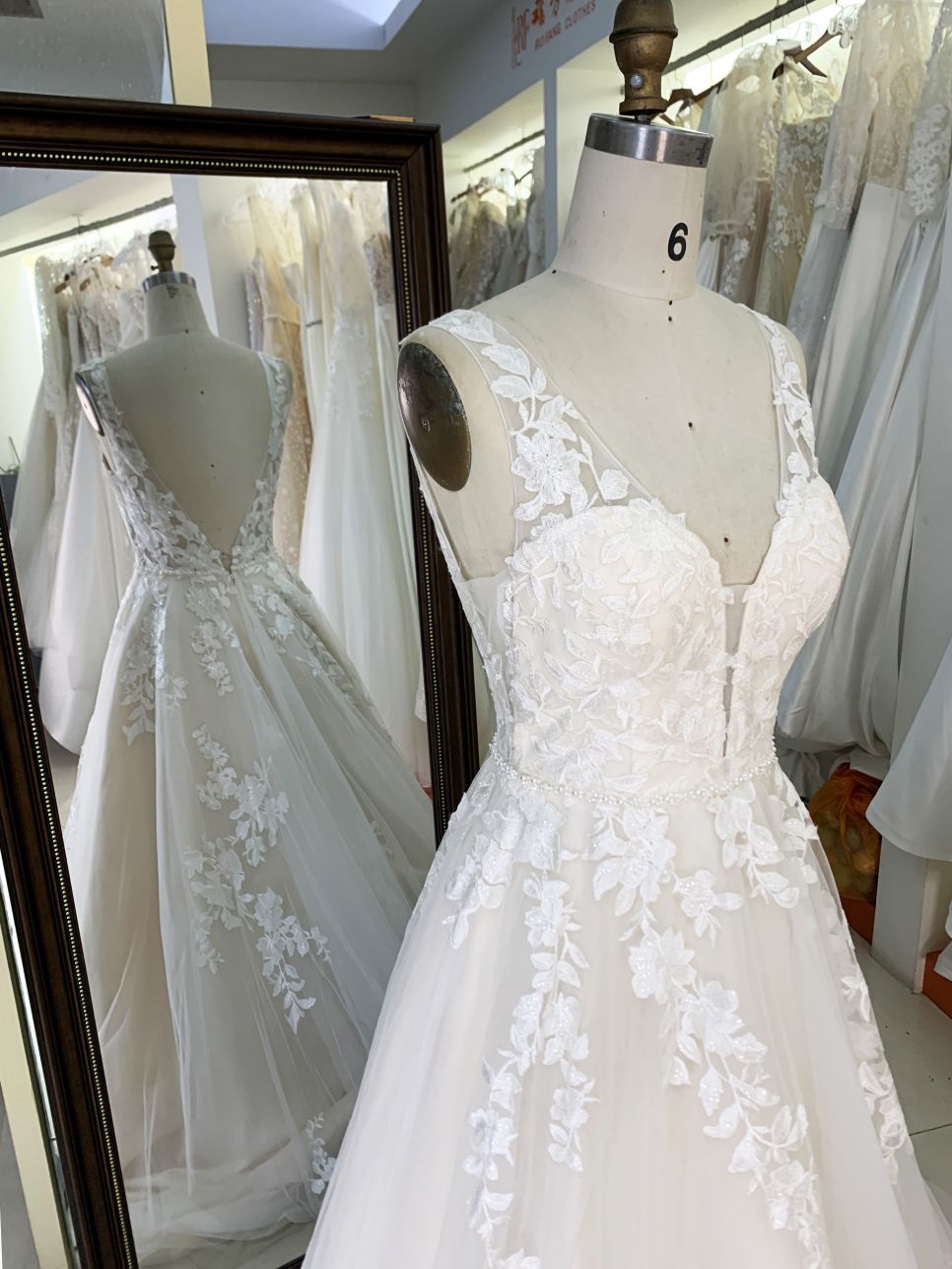 2026 Elegant Sleeve Lace Flower V-neck with 3D Flower Bridal Floor-Length Wedding Gown