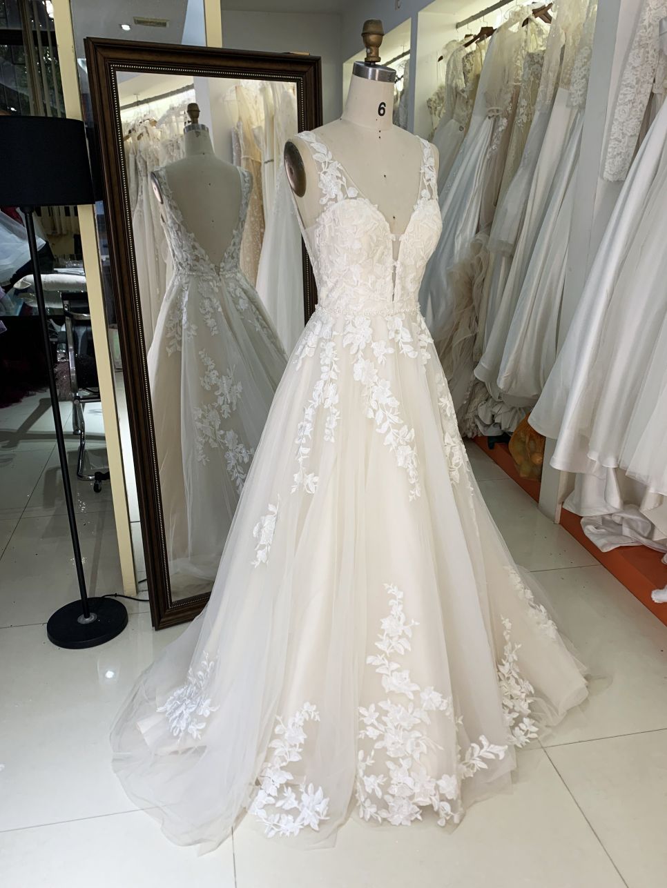 2026 Elegant Sleeve Lace Flower V-neck with 3D Flower Bridal Floor-Length Wedding Gown