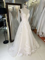 2026 Elegant Sleeve Lace Flower V-neck with 3D Flower Bridal Floor-Length Wedding Gown