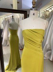 2025 Turmeric Fitted Evening Dress Square Collar Mermaid Strapless Pleated Design Zipper Back Long Satin Fabric Prom Dress