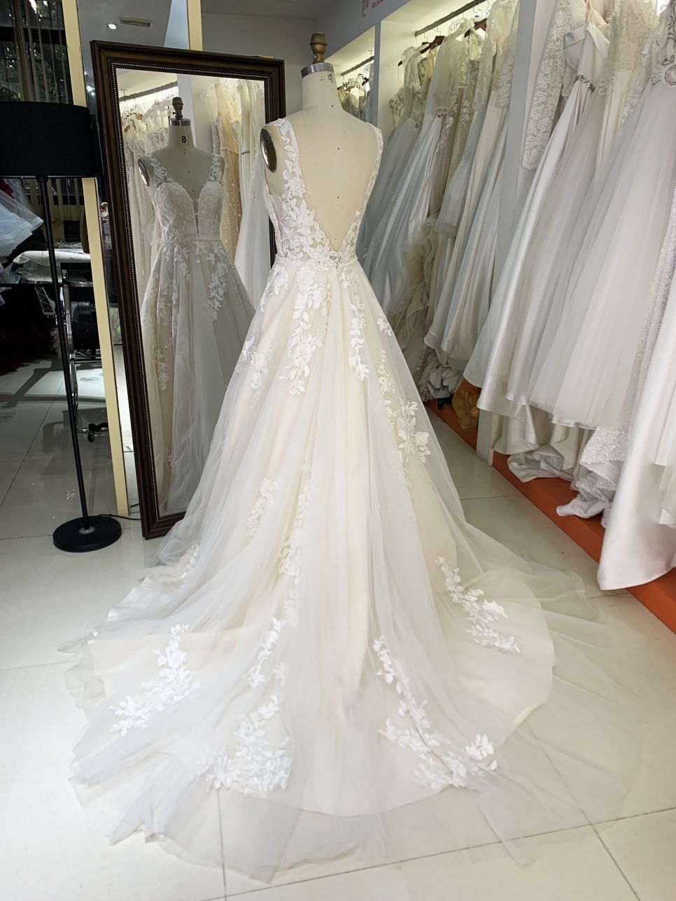 2026 Elegant Sleeve Lace Flower V-neck with 3D Flower Bridal Floor-Length Wedding Gown