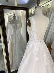 2026 Elegant Sleeve Lace Flower V-neck with 3D Flower Bridal Floor-Length Wedding Gown