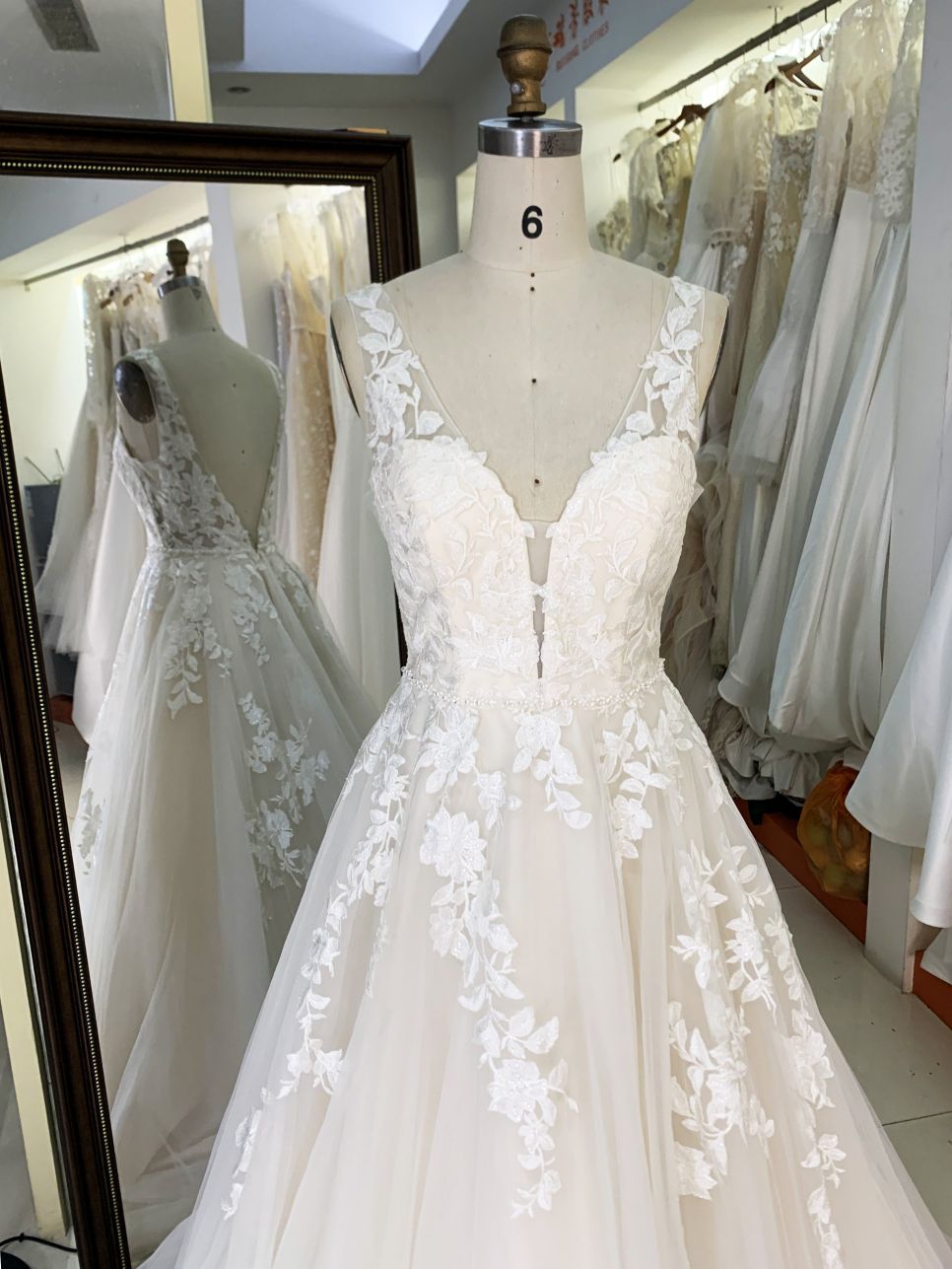 2026 Elegant Sleeve Lace Flower V-neck with 3D Flower Bridal Floor-Length Wedding Gown