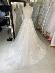 2026 Elegant Sleeve Lace Flower V-neck with 3D Flower Bridal Floor-Length Wedding Gown