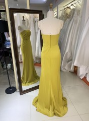 2025 Turmeric Fitted Evening Dress Square Collar Mermaid Strapless Pleated Design Zipper Back Long Satin Fabric Prom Dress