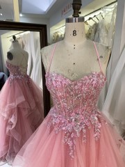 Latest Design Prom Dresses pink Color with Lace up Back Flowers Decorated Dress 2026