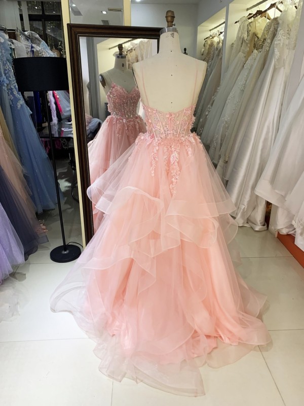 Wholesale Corset Embroidery Tulle Ruffle Skirt Sleeveless Zipper Back Prom Evening Dresses with 3D Flowers