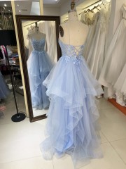 2025 High Quality Wholesale fairy Princess Fluffy Lace Baby Blue Ruffle V-neck Prom Dresses Sleeveless Evening Dress