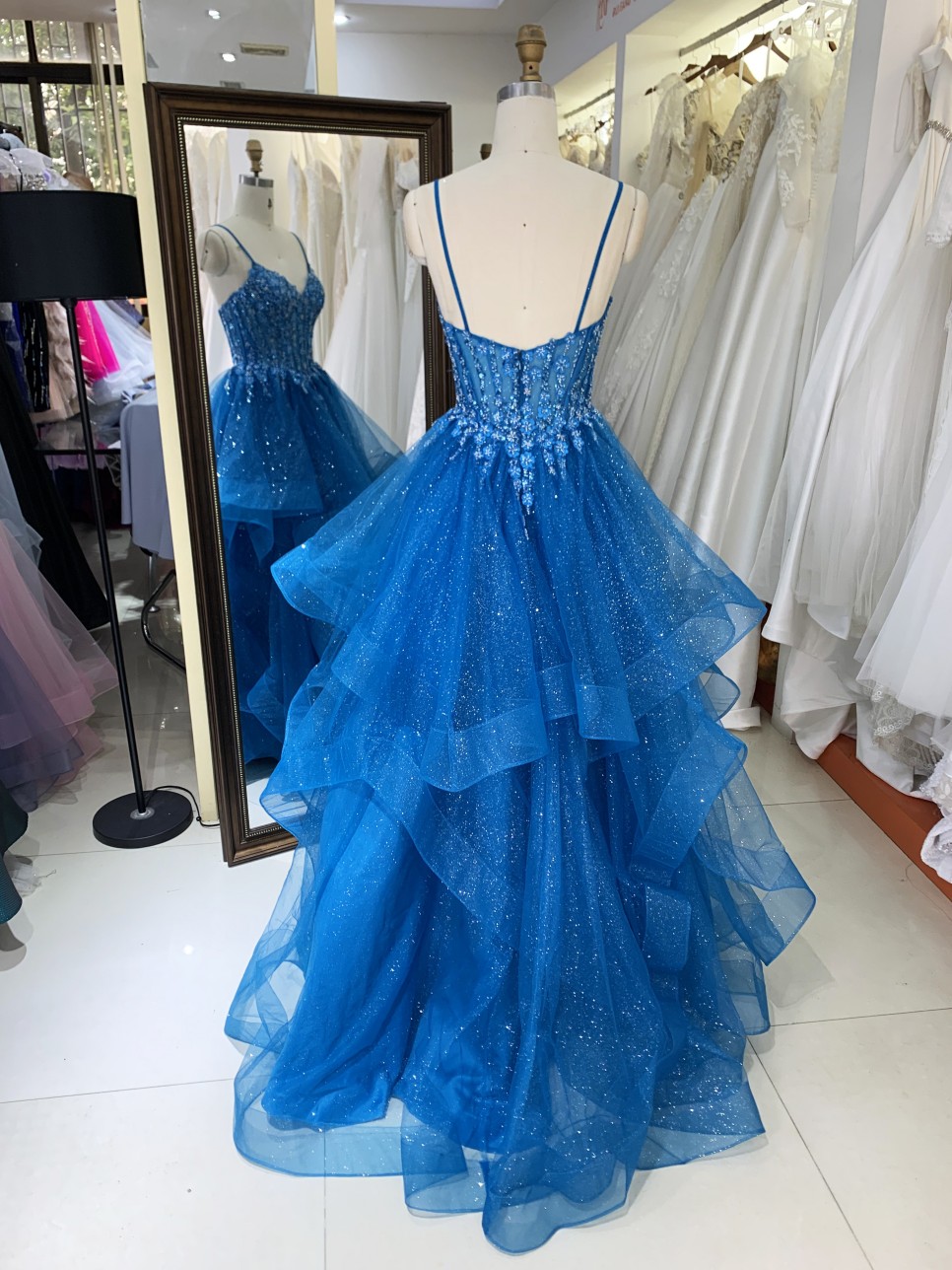 Tulle Prom Dress Women High Waist Lace Appliques Pleated Evening Dresses Long Prom Evening Gown Dress