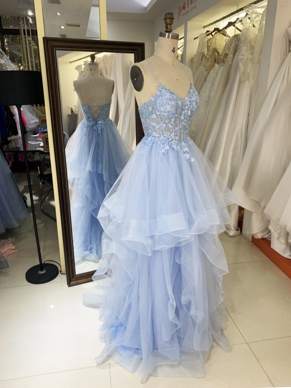2025 High Quality Wholesale fairy Princess Fluffy Lace Baby Blue Ruffle V-neck Prom Dresses Sleeveless Evening Dress