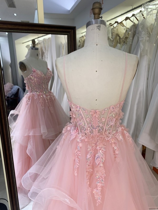 Wholesale Corset Embroidery Tulle Ruffle Skirt Sleeveless Zipper Back Prom Evening Dresses with 3D Flowers