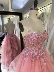 Latest Design Prom Dresses pink Color with Lace up Back Flowers Decorated Dress 2026