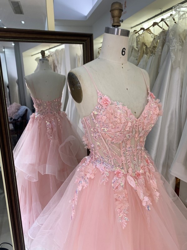 Wholesale Corset Embroidery Tulle Ruffle Skirt Sleeveless Zipper Back Prom Evening Dresses with 3D Flowers