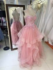 Latest Design Prom Dresses pink Color with Lace up Back Flowers Decorated Dress 2026