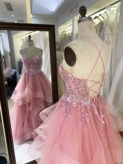 Latest Design Prom Dresses pink Color with Lace up Back Flowers Decorated Dress 2026