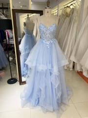 2025 High Quality Wholesale fairy Princess Fluffy Lace Baby Blue Ruffle V-neck Prom Dresses Sleeveless Evening Dress