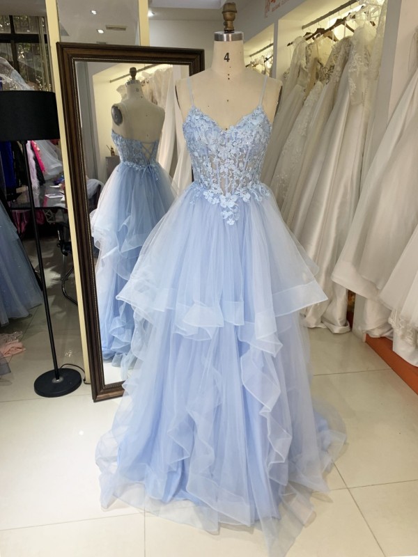 2025 High Quality Wholesale fairy Princess Fluffy Lace Baby Blue Ruffle V-neck Prom Dresses Sleeveless Evening Dress