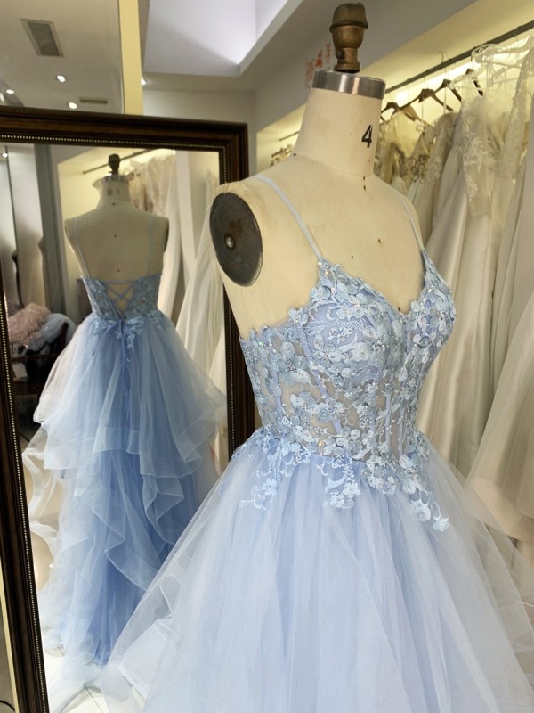 2025 High Quality Wholesale fairy Princess Fluffy Lace Baby Blue Ruffle V-neck Prom Dresses Sleeveless Evening Dress