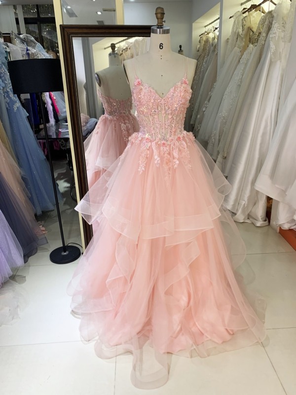 Wholesale Corset Embroidery Tulle Ruffle Skirt Sleeveless Zipper Back Prom Evening Dresses with 3D Flowers
