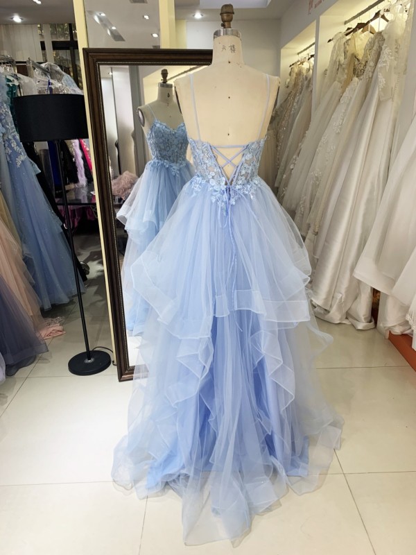 2025 High Quality Wholesale fairy Princess Fluffy Lace Baby Blue Ruffle V-neck Prom Dresses Sleeveless Evening Dress