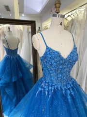 Tulle Prom Dress Women High Waist Lace Appliques Pleated Evening Dresses Long Prom Evening Gown Dress