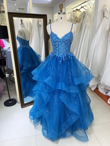 Tulle Prom Dress Women High Waist Lace Appliques Pleated Evening Dresses Long Prom Evening Gown Dress