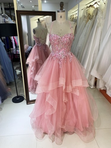 Latest Design Prom Dresses pink Color with Lace up Back Flowers Decorated Dress 2026