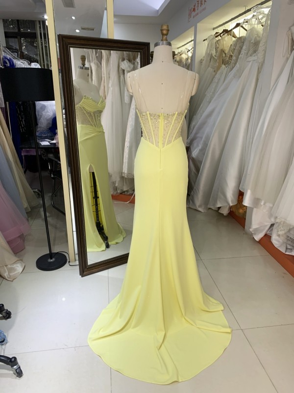 Hot Yellow Stylish with Pleated Satin Slit Rhinestone Elegant Women Prom Dresses