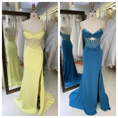 Hot Yellow Stylish with Pleated Satin Slit Rhinestone Elegant Women Prom Dresses